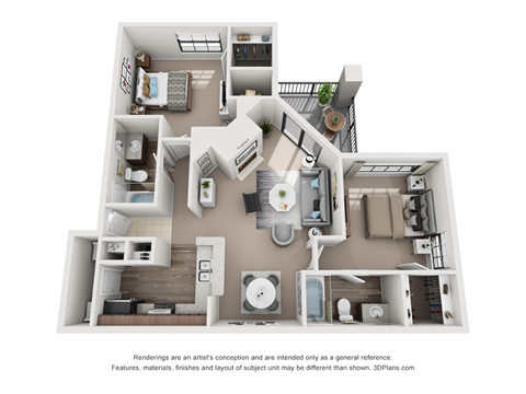 Floor plan for 2 beds, 2 baths, 1069 sqft